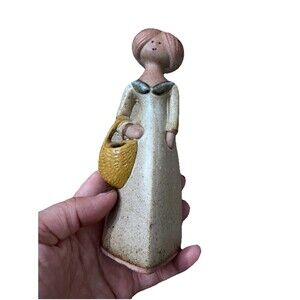 Vintage UCTCI Japan Stoneware Pottery Figurine Lady w/ Basket Speckled